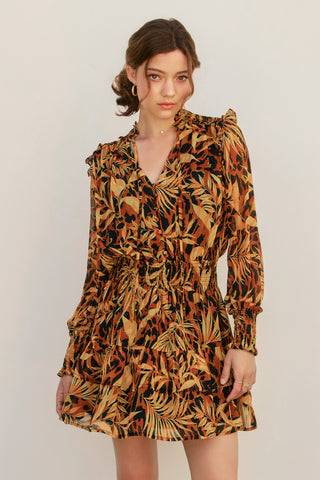 Palm Trees Shirred Waist Mini Dress