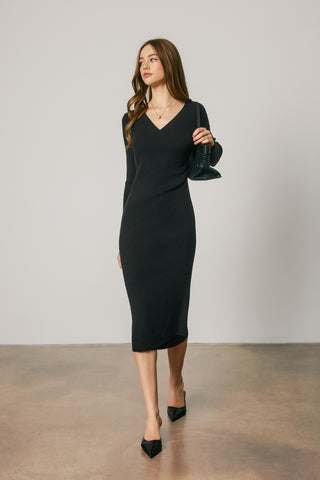Ribbed Knit Faux Wrap Midi Dress