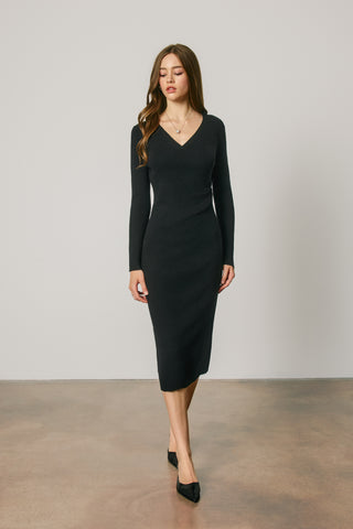 Ribbed Knit Faux Wrap Midi Dress