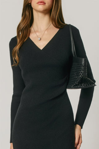 Ribbed Knit Faux Wrap Midi Dress