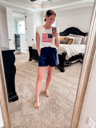 Navy High Waisted Linen Shorts