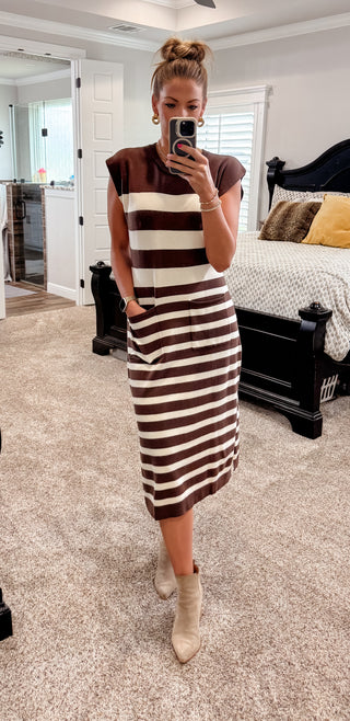 Brown and White Stripe Midi Sweater Dress