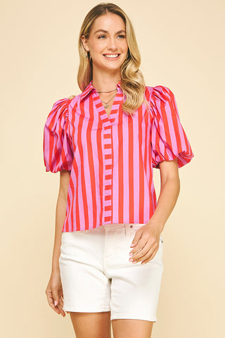 Striped Balloon Sleeve Blouse