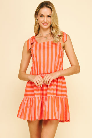 Stripe Self-Tie Mini Dress