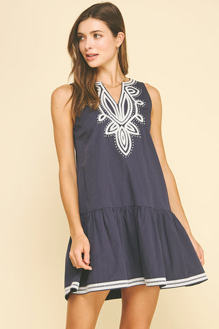 Navy Embroidered Mini Dress