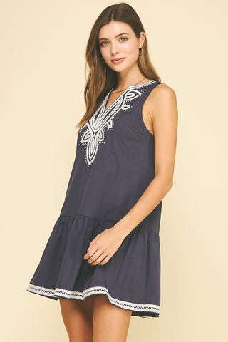 Navy Embroidered Mini Dress