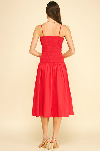 Red Smocked Midi Dress