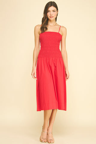 Red Smocked Midi Dress