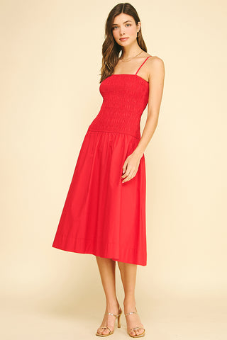 Red Smocked Midi Dress