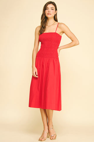 Red Smocked Midi Dress