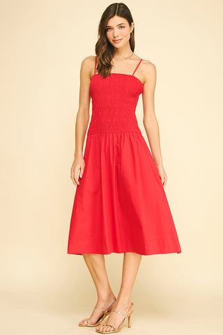 Red Smocked Midi Dress