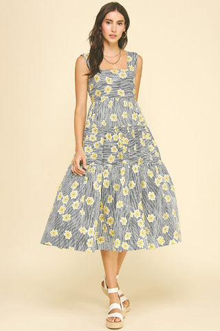 Black and Yellow Stripe with Floral Detail Midi Dress