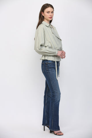 Drawstring Waist Spread Collar Jacket