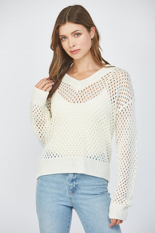 Cream Open Knit V-Neck Sweater