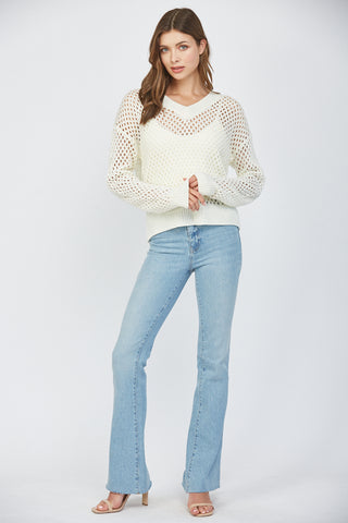 Cream Open Knit V-Neck Sweater