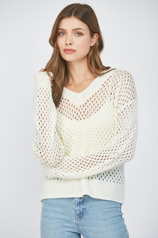 Cream Open Knit V-Neck Sweater