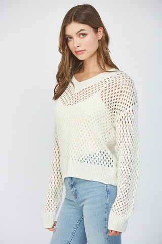Cream Open Knit V-Neck Sweater