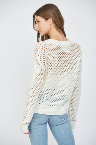 Cream Open Knit V-Neck Sweater