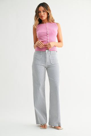 White and Navy Patch Pocket Wide Leg Pants