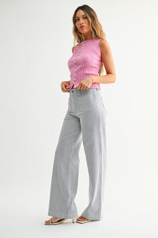 White and Navy Patch Pocket Wide Leg Pants
