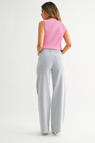 White and Navy Patch Pocket Wide Leg Pants