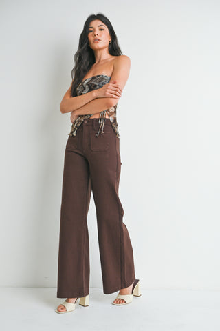 Dark Brown Patch Pocket Wide Leg Jeans