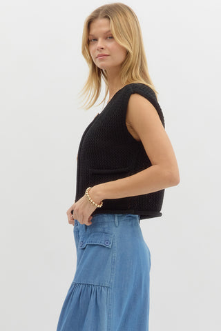Black Knit Short Sleeve Sweater