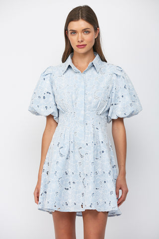 Baby Blue Eyelet Lace Puff Sleeve Mini