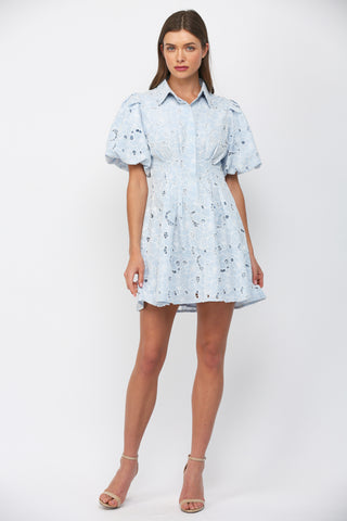Baby Blue Eyelet Lace Puff Sleeve Mini