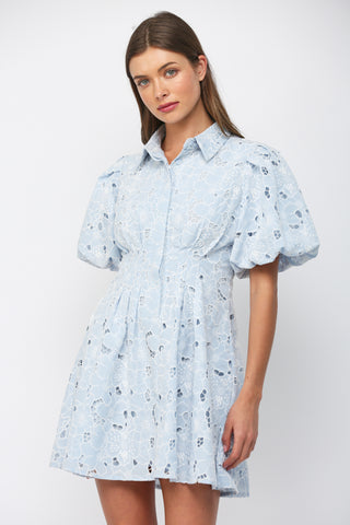 Baby Blue Eyelet Lace Puff Sleeve Mini
