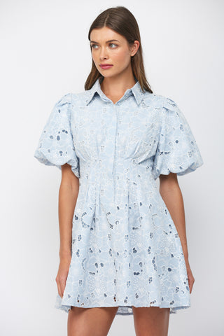 Baby Blue Eyelet Lace Puff Sleeve Mini