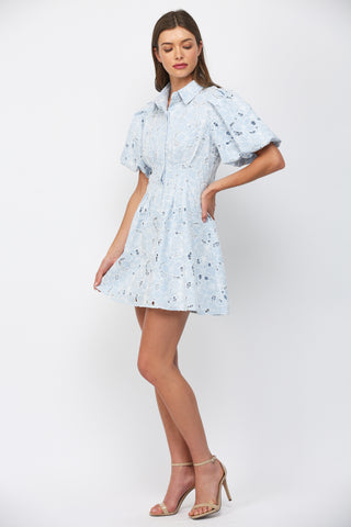 Baby Blue Eyelet Lace Puff Sleeve Mini