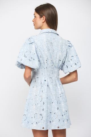 Baby Blue Eyelet Lace Puff Sleeve Mini