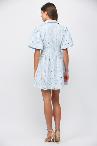 Baby Blue Eyelet Lace Puff Sleeve Mini