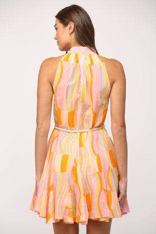 Printed Cotton Voile Halter Neck Dress with Belt