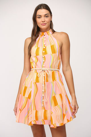 Printed Cotton Voile Halter Neck Dress with Belt