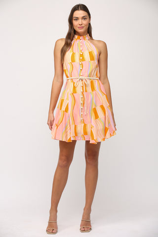 Printed Cotton Voile Halter Neck Dress with Belt