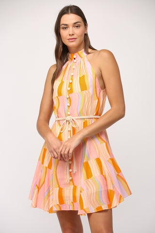 Printed Cotton Voile Halter Neck Dress with Belt