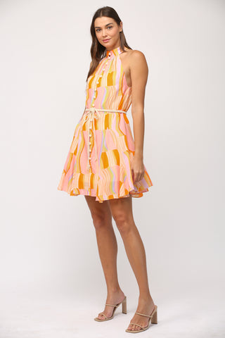 Printed Cotton Voile Halter Neck Dress with Belt