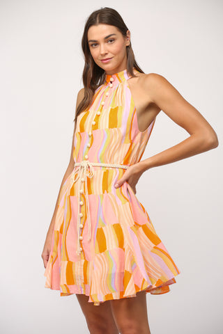 Printed Cotton Voile Halter Neck Dress with Belt