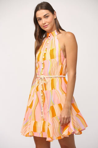 Printed Cotton Voile Halter Neck Dress with Belt