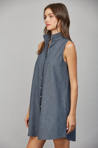 Navy Stand Collar Shift Dress