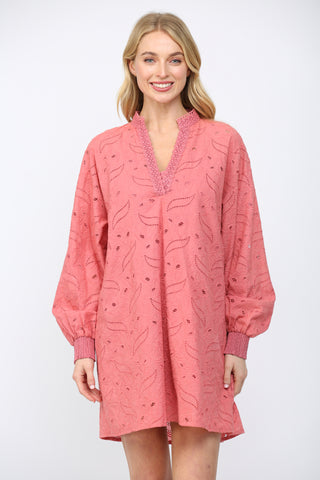 Dusty Coral Eyelet Lace Long Sleeve Dress