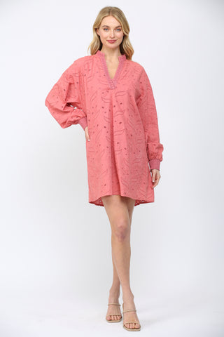 Dusty Coral Eyelet Lace Long Sleeve Dress