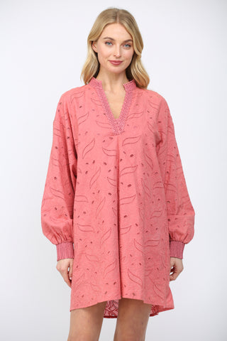 Dusty Coral Eyelet Lace Long Sleeve Dress