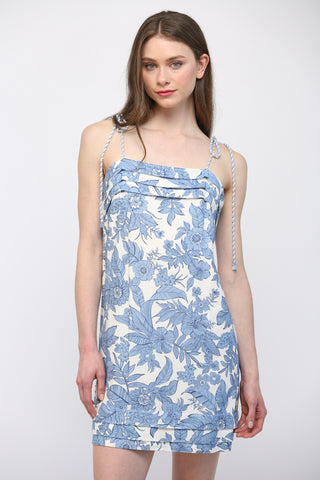 Blue and White Floral Tie Sleeve Mini Dress
