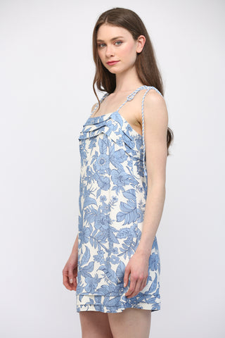 Blue and White Floral Tie Sleeve Mini Dress