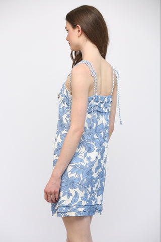 Blue and White Floral Tie Sleeve Mini Dress
