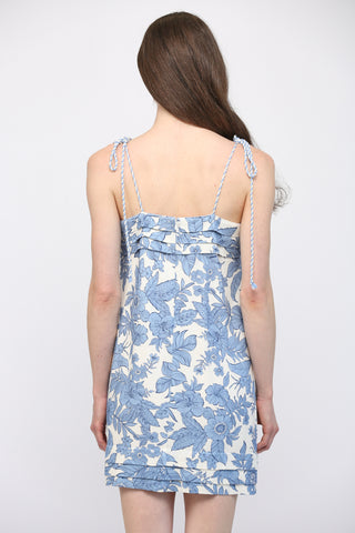 Blue and White Floral Tie Sleeve Mini Dress
