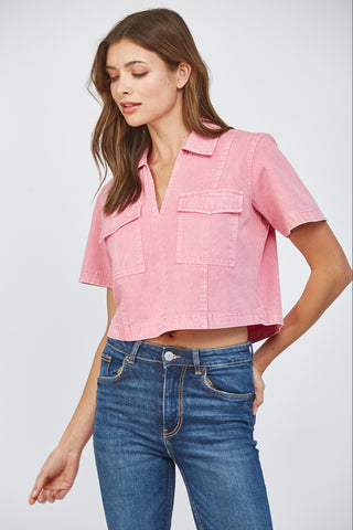 Pink Denim Short Sleeve V-Neck Top